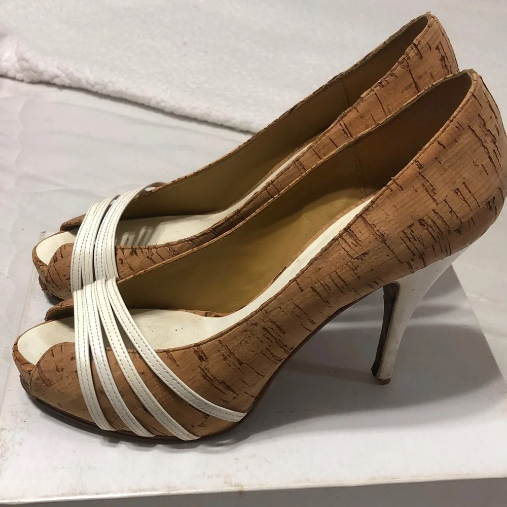 Betsey Johnson Cork Peep-Toe Pumps with White Straps
